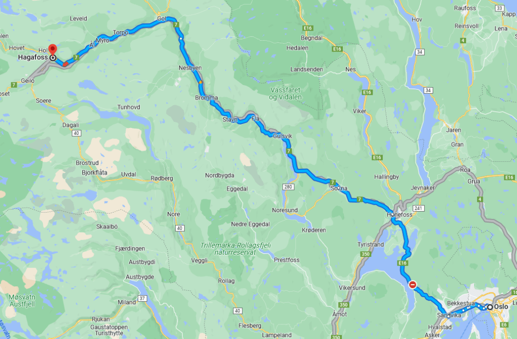 Eine Google Mapskarte mit der Wegstrecke von Oslo nach Hagafoss/Hol