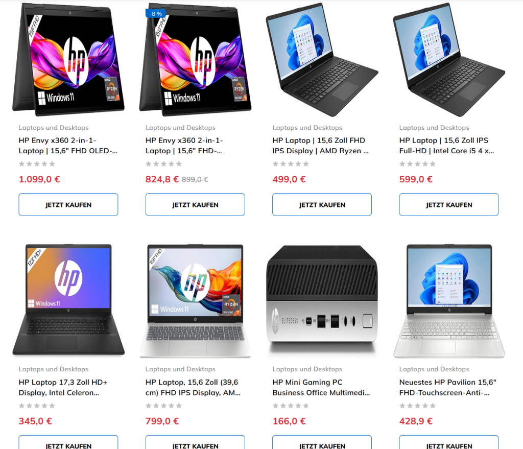 Ein Bild mit verschiedenen Laptop Modellen und unterschielichen Preisen