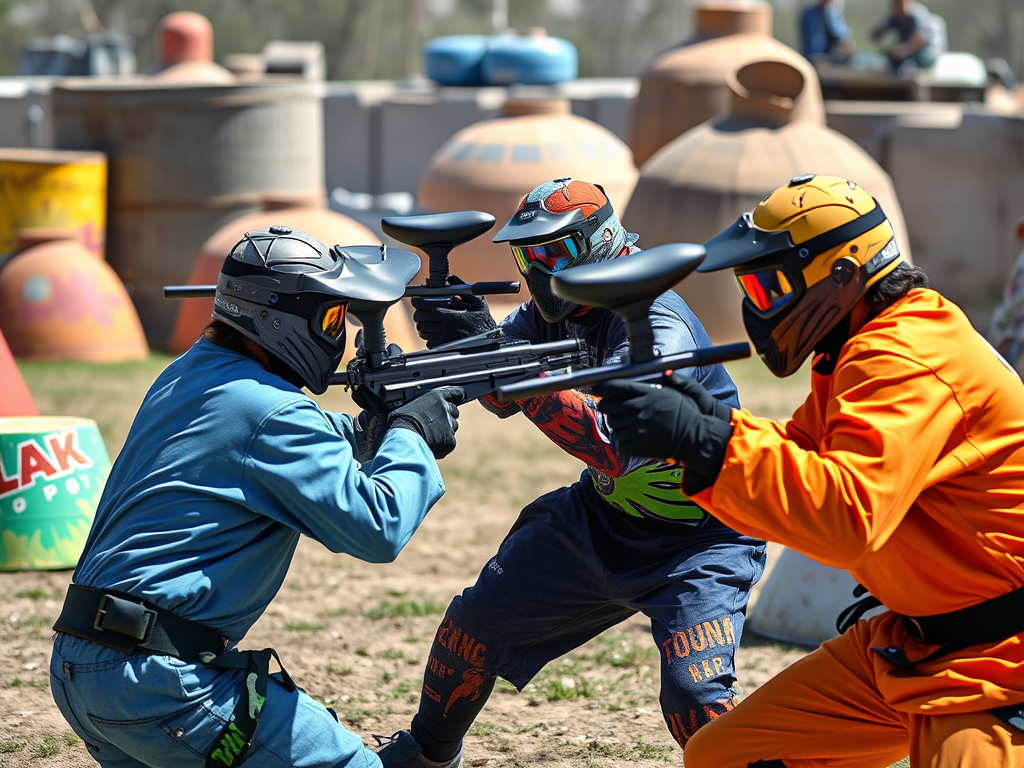 3 Paintballer stehen sich auf dem Spielfeld gegenüber
