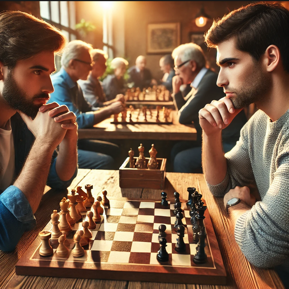 Das erste Bild zeigt ein spannendes Schachspiel in einem Verein, bei dem zwei Spieler konzentriert gegenüber sitzen.
