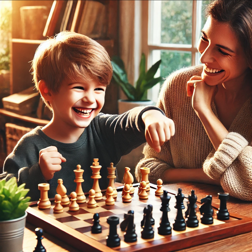 Das zweite Bild zeigt ein Kind, das begeistert mit einem Erwachsenen Schach spielt, mit einem Lächeln im Gesicht.