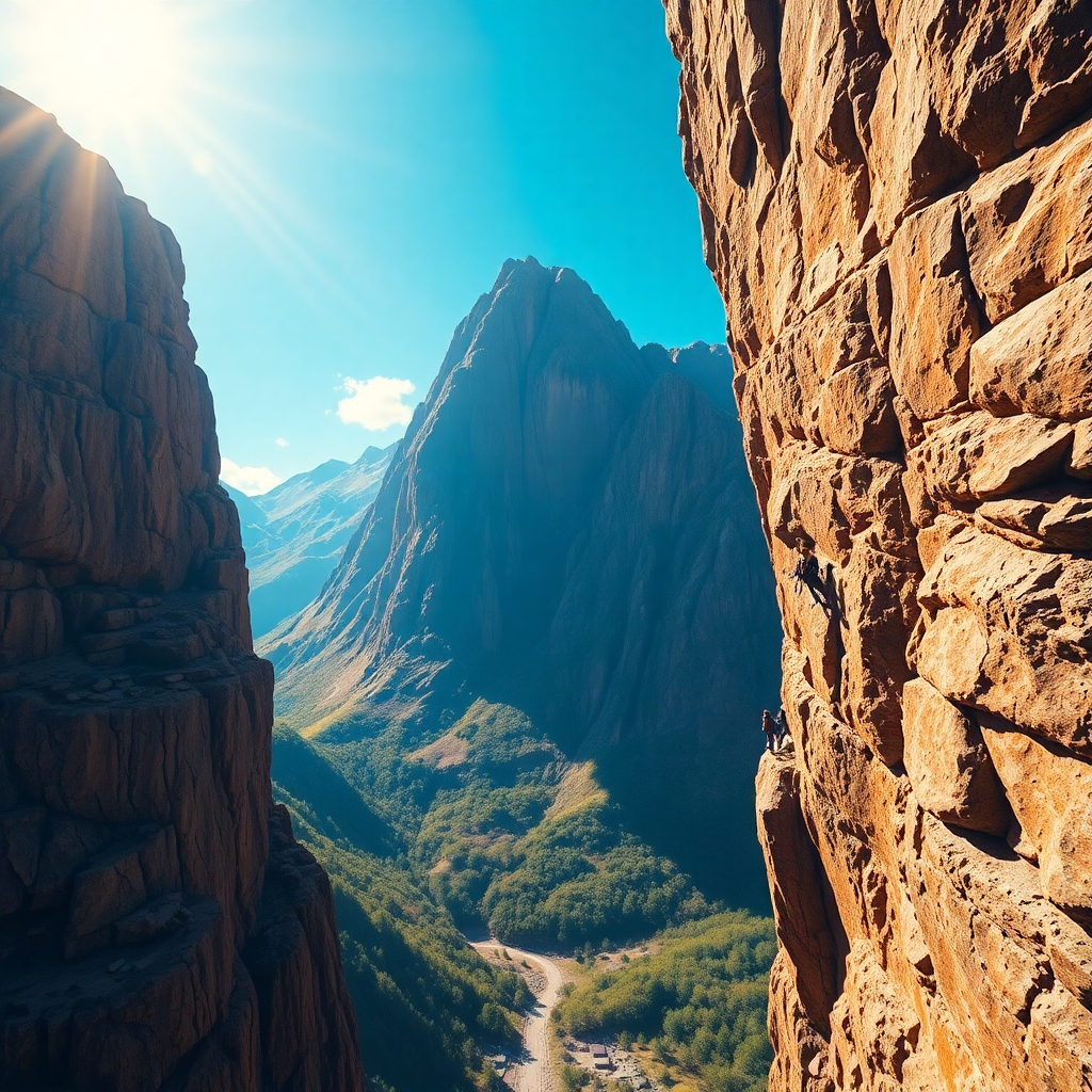 Ein Canyen in dem ein Bergsteiger/Kletterer eine Felswand erklimmt