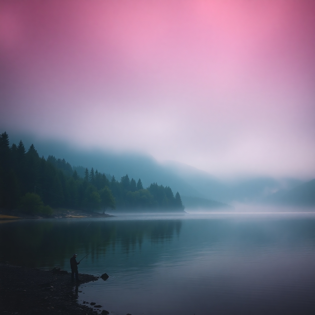Eine ruhige Szene am Seeufer in Deutschland mit einem Angler, der am Ufer steht, umgeben von üppigen grünen Wäldern und sanften Hügeln. Das Wasser spiegelt den klaren blauen Himmel wider, mit sanften Wellen und ein paar Angelruten in der Nähe. Unter der Wasseroberfläche schwimmen verschiedene Fische. Die Atmosphäre ist friedlich und einladend und zeigt die Schönheit der Natur und die Freude am Angeln.