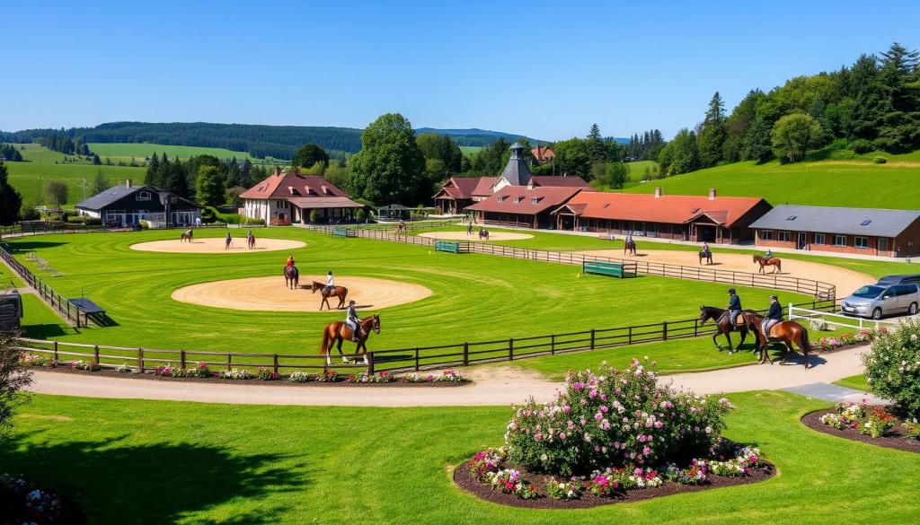 Ein schöner reiterhof, mit Ställen auf der rechten Seite des Bildes und einige Reiter mit ihren Pferden. 