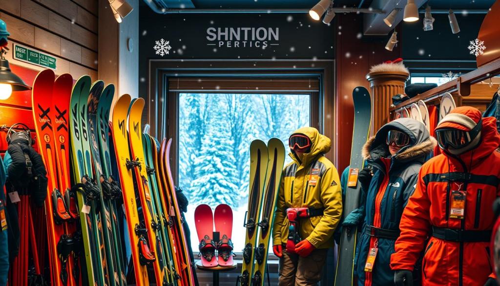 auf der Rechten seite stehen 3 Skifahrer in kompletter Ausrüstung und schauen sich eine Reihe von Skiern auf der linken Seite an.