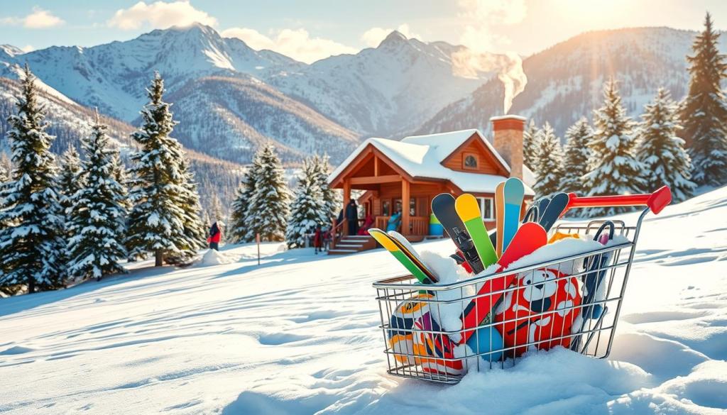 Eine idyllische Skihütte ist zu sehen vor majestetischen Bergen. Im Schnee steht ein voller Einkaufswagen mit vielen kleinen Skiern drin
