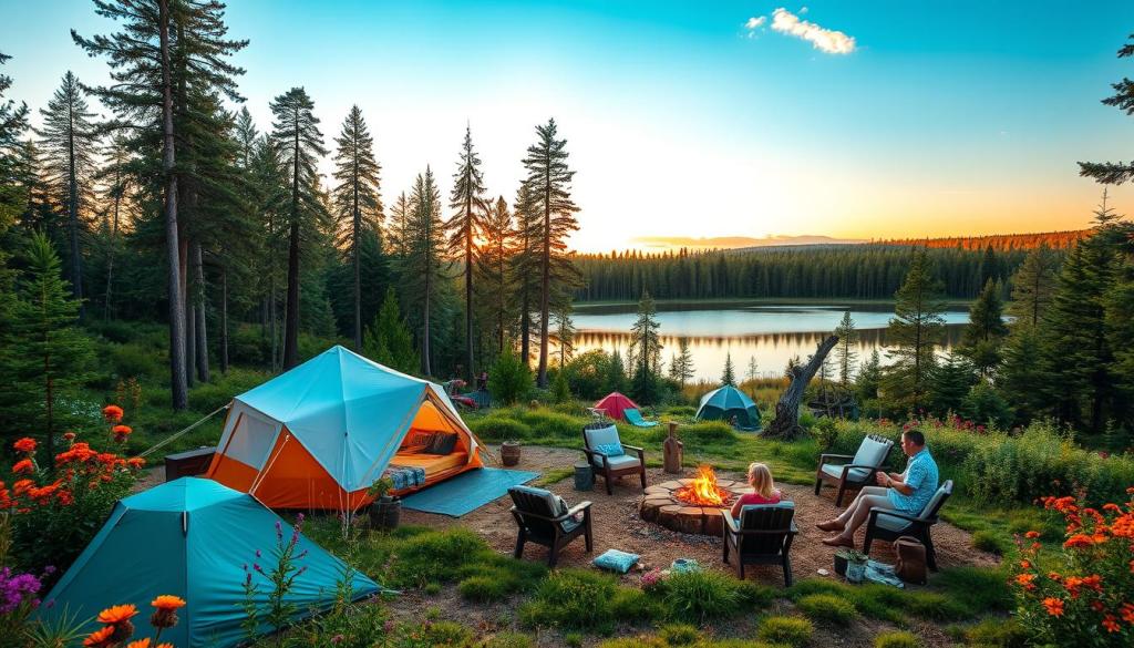 Ein malerischer Campingplatz inmitten eines üppigen Waldes mit moderner Campingausrüstung und umweltfreundlichen Zelten, umgeben von leuchtenden Wildblumen und hohen Bäumen, mit einem ruhigen See, in dem sich bei Sonnenuntergang der Himmel spiegelt. Dazu gehören stilvolle Gartenmöbel, ein gemütliches Lagerfeuer und Menschen, die die Natur auf nachhaltige Weise genießen. Fangen Sie die Essenz von Abenteuer und Entspannung für die Campingsaison 2025 ein.
