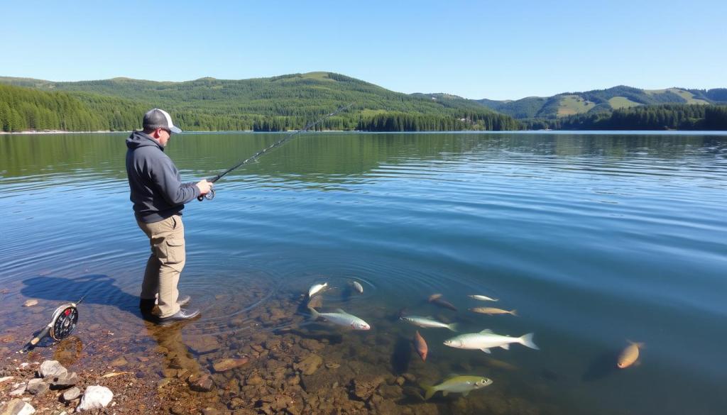 Eine ruhige Szene am Seeufer in Deutschland mit einem Angler, der am Ufer steht, umgeben von üppigen grünen Wäldern und sanften Hügeln. Das Wasser spiegelt den klaren blauen Himmel wider, mit sanften Wellen und ein paar Angelruten in der Nähe. Unter der Wasseroberfläche schwimmen verschiedene Fische. Die Atmosphäre ist friedlich und einladend und zeigt die Schönheit der Natur und die Freude am Angeln.