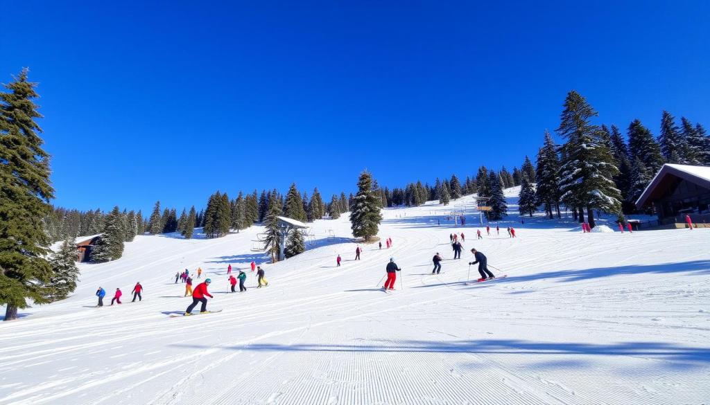 Eine lebendige Ski-Resort-Szene mit schneebedeckten Pisten und hohen Kiefern unter einem klaren blauen Himmel, mit Skifahrern, die ihre Zeit auf dem Berg genießen und verschiedene Skitechniken und -aktionen vorführen, Skilifte im Hintergrund, frischer Pulverschnee, der im Sonnenlicht glitzert .