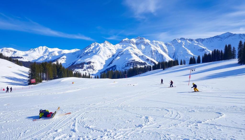 A snowy ski slope with vibrant ski gear scattered around, skiers gracefully carving through fresh powder, towering snow-covered mountains in the background, blue skies overhead, and pine trees lining the edges of the slope, conveying a sense of adventure and excitement.