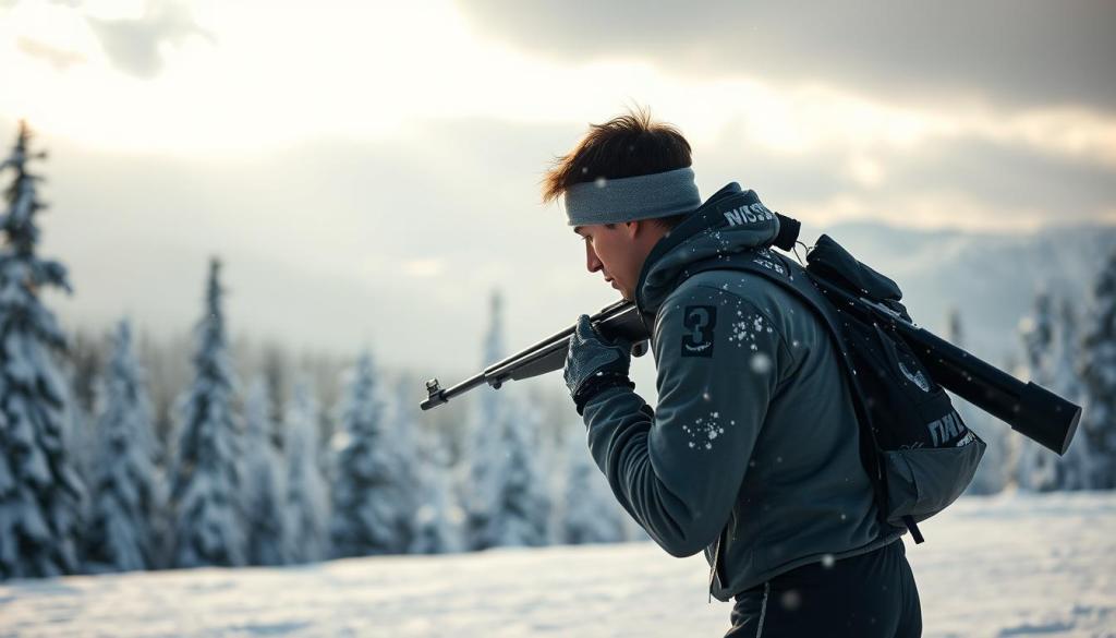 Eine ruhige Winterlandschaft mit einem einsamen Biathleten in konzentrierter Haltung, mit einem Gewehr auf dem Rücken, umgeben von schneebedeckten Bäumen und fernen Bergen. Die Atmosphäre vermittelt ein Gefühl ruhiger Konzentration und innerer Stärke, wobei sanftes Sonnenlicht durch die Wolken bricht und die Entschlossenheit im Gesicht des Athleten beleuchtet, während er sich auf seinen nächsten Schritt vorbereitet. Schneeflocken fallen sanft umher und symbolisieren die Herausforderungen des Sports und die mentale Belastbarkeit, die es erfordert, sie zu meistern.