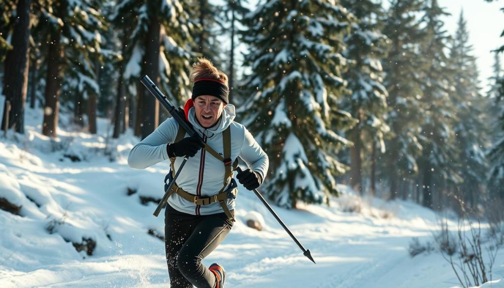 Eine dynamische Szene eines Biathlonsportlers, der mit Langlaufskiern und einem Gewehr auf dem Rücken durch einen schneebedeckten Wald rennt und dabei intensive Konzentration und Entschlossenheit beweist, umgeben von hoch aufragenden Kiefern und sanft fallenden Schneeflocken, die die Essenz des Wintersports in einer atemberaubenden Landschaft einfängt.