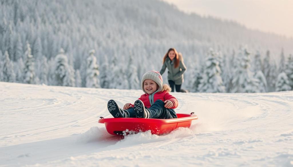 Eine verschneite Winterlandschaft mit einer dreiköpfigen Familie, die einen sanften Abhang hinunter rodelt. Im Vordergrund ein Vater mit Kind auf einem leuchtend roten Schlitten, ihre Gesichter voller Freude, während sie mühelos durch den Pulverschnee gleiten. Im Mittelgrund beobachtet eine Mutter aufmerksam die Kinder und sorgt für ihre Sicherheit. Im Hintergrund ist ein Panoramablick auf einen bewaldeten Hügel zu sehen, dessen Bäume mit einer Schicht makellosen Weiß bedeckt sind. Die Beleuchtung ist weich und diffus und schafft eine warme, einladende Atmosphäre. Die Szene vermittelt den Nervenkitzel und die Kameradschaft des sicheren, verantwortungsvollen Winterrodelns und fängt die Essenz des Abschnitts „Sicherheit beim Rodeln“ perfekt ein.