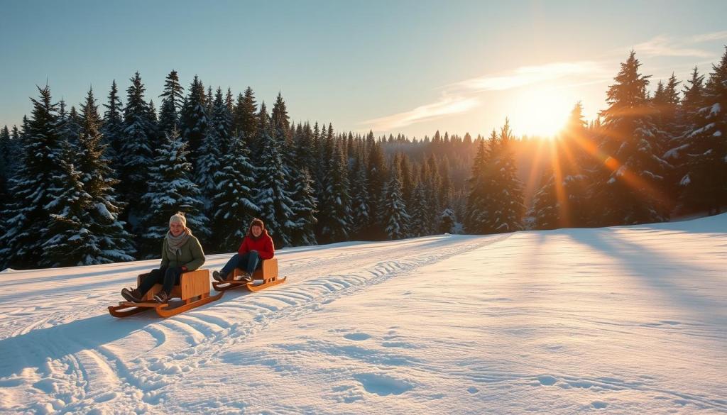 Eine ruhige Winterlandschaft mit einem schneebedeckten Hügel, eine Gruppe von Menschen gleitet fröhlich auf traditionellen Holzschlitten den Hang hinunter, ihr Lachen erfüllt die frische Luft. Die Szene ist in das warme Licht der untergehenden Sonne getaucht, die lange Schatten auf den unberührten, pulverförmigen Schnee wirft. Im Hintergrund sorgt ein dichter Wald aus immergrünen Bäumen für eine gemütliche, natürliche Kulisse. Der Fokus liegt auf dem aufregenden Erlebnis des Winterschlittenfahrens und fängt die Essenz der Freude und Kameradschaft dieser geschätzten deutschen Tradition ein.
