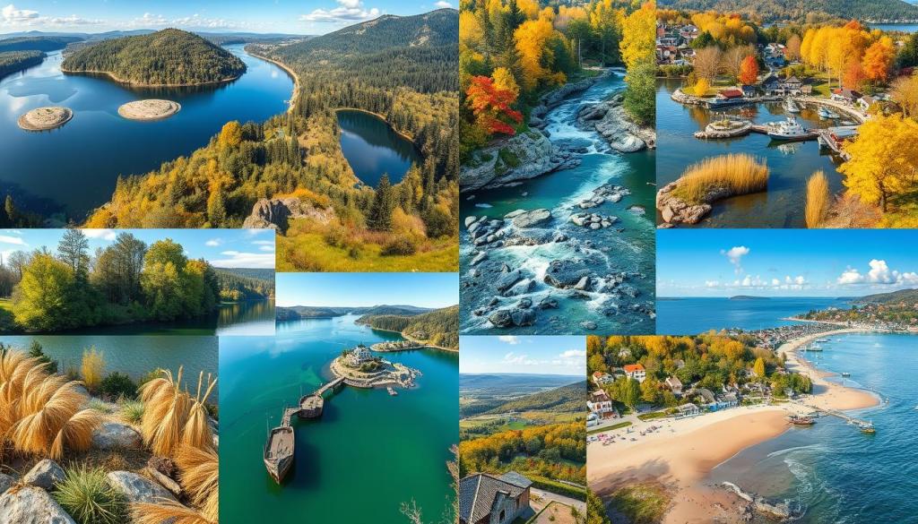 Eine malerische Collage, die verschiedene Fischereiregionen in Deutschland zeigt, mit ruhigen Seen, umgeben von üppigen Wäldern, gewundenen Flüssen mit felsigen Ufern und malerischen Küstengebieten mit Booten. Berücksichtigen Sie eine Vielzahl von Angelplätzen wie ruhige Teiche, lebhafte Bäche und weitläufige Strände und heben Sie einzigartige Merkmale wie Schilf, Weiden und traditionelle Fischerhütten hervor. Erfassen Sie die Essenz jedes Ortes mit natürlichem Licht und saisonalen Elementen wie blühenden Blumen oder Herbstblättern.