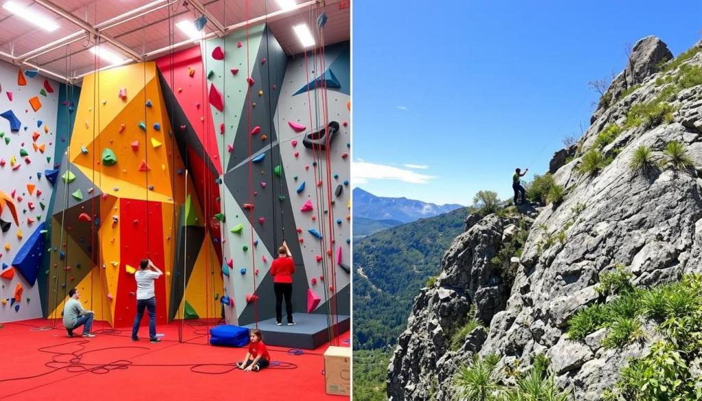 Eine lebendige Szene, die eine Indoor-Kletterhalle voller farbenfroher Kletterwände, Seile und Kletterer verschiedener Schwierigkeitsgrade zeigt, neben einer Außenumgebung mit einer malerischen Berglandschaft mit Kletterern, die eine steile Klippe erklimmen, strahlend blauem Himmel über ihnen und üppigem Grün rundherum felsiges Gelände.