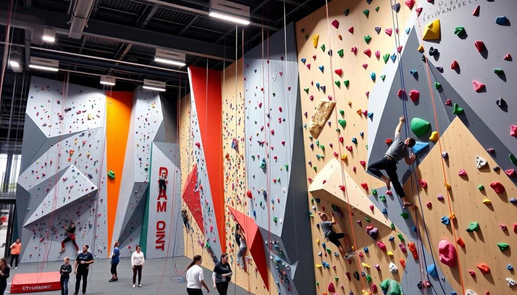 Eine lebendige Indoor-Kletterhalle in Deutschland mit hohen Wänden mit verschiedenen Kletterrouten, farbenfrohen Griffen und Kletterern unterschiedlicher Fähigkeitsstufen in Aktion, umgeben von heller Beleuchtung und modernen Designelementen, die eine lebendige Atmosphäre voller Energie und Spannung vermitteln.
