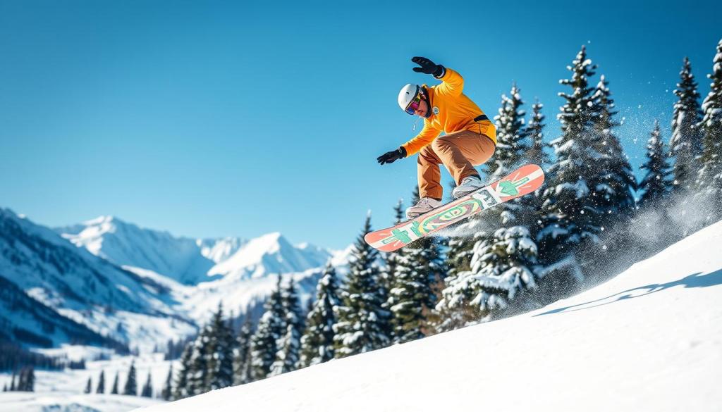 Eine dynamische Szene, in der ein fortgeschrittener Snowboarder einen Trick in der Luft über einem schneebedeckten Hang vollführt und die Essenz der Aufregung des Wintersports einfängt. Der Hintergrund zeigt schneebedeckte Berge und Kiefern unter einem klaren blauen Himmel, während Schneeflocken um die Action wirbeln. Der Snowboarder hat eine beeindruckende Pose und zeigt sein Können und Gleichgewicht, wobei die leuchtenden Farben seiner Ausrüstung einen Kontrast zum weißen Schnee bilden.