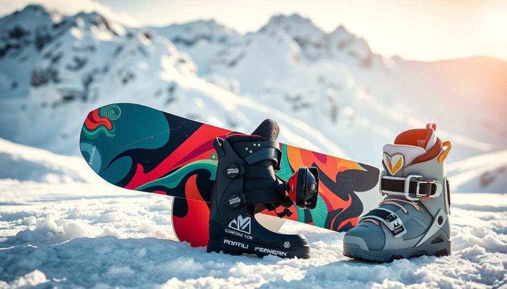 Eine stilvolle Snowboardausrüstung, bestehend aus einem farbenfrohen Snowboard mit einzigartigem Grafikdesign, gepaart mit modernen Stiefeln und Bindungen. Die Szene spielt vor einer malerischen Kulisse mit schneebedeckten Bergen und zeigt die Ausrüstung im Detail, wobei Texturen und Farben der Ausrüstung hervorgehoben werden. Sanftes Sonnenlicht schimmert auf dem Schnee und verstärkt die Winteratmosphäre.