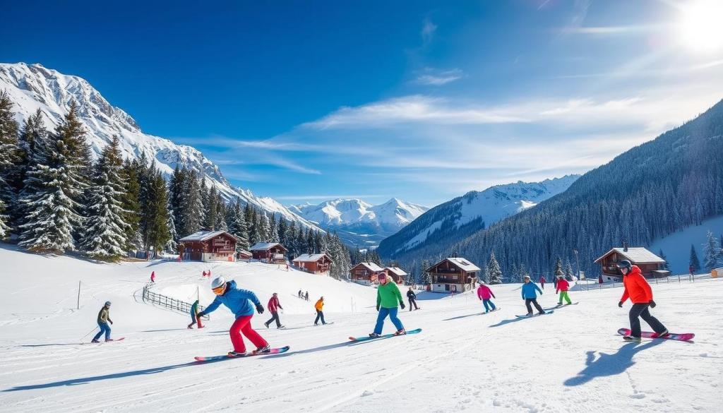 Eine lebendige Winterlandschaft in Deutschland mit schneebedeckten Bergen und einem klaren blauen Himmel. Snowboarder aller Könnensstufen carven anmutig die Hänge hinunter und präsentieren ihre bunten Snowboards und Winterausrüstung, umgeben von malerischen Kiefern und gemütlichen Alpenhütten im Hintergrund.